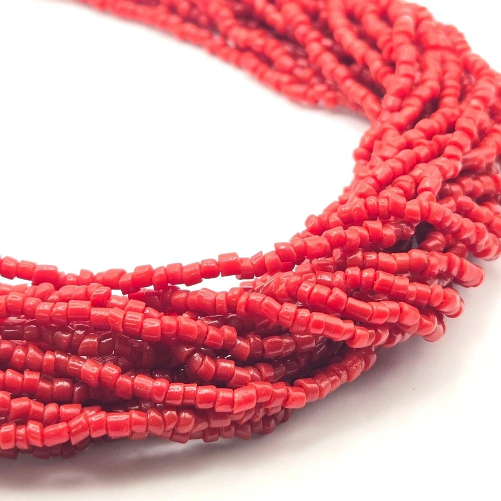 Vintage Multi Strand Necklace Red Faux Coral Glass Seed Bead Silver Tone 21 Inch